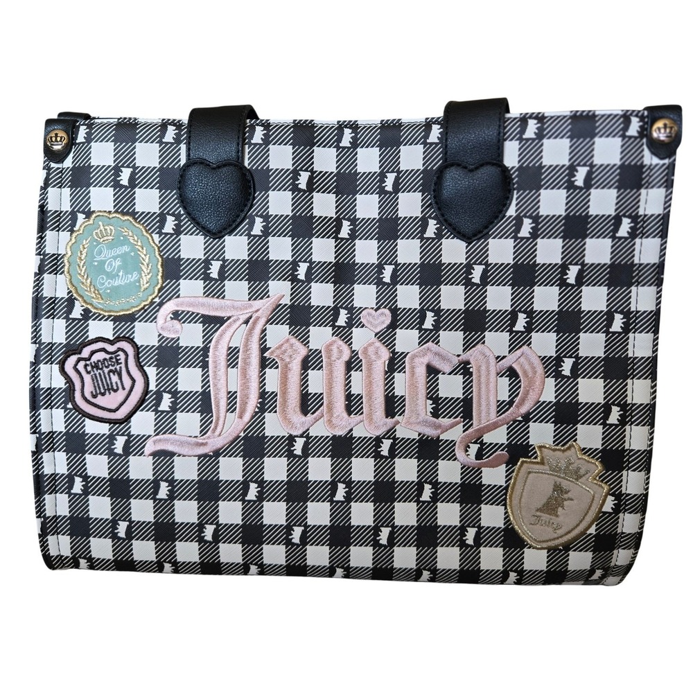 Juicy Couture Tote Bag Study in Style w/Scottie Tote Large Black White Gingham